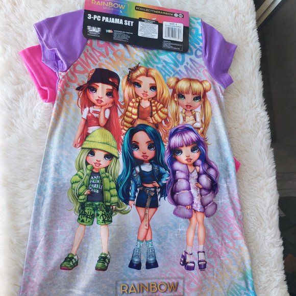 Rainbow High Girl's 3 Piece Short Sleeve Polyester Pajama Set - Picture 2 of 7